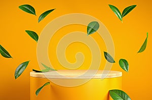 Modern Minimal Yellow Wood Stage For Show Product With Green Leaves Falling Background 3d Render