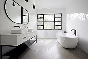 Modern minimalism style bathroom interior in black and white tones. Generative AI