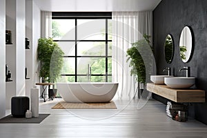 Modern minimalism style bathroom interior in black and white tones. Generative AI