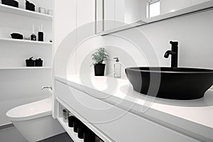 Modern minimalism style bathroom interior in black and white tones. Generative AI