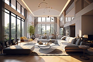 Modern minimalism style drawing-room interior with big windows and lot of light