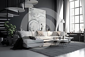 Modern minimalism style drawing-room interior with monochrome color palette