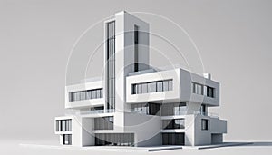 A modern minimalist architectural rendering of a multi-story residential or commercial building with clean lines, geometric shapes