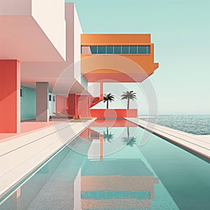 Modern minimalist architecture of a surreal pink design scene with pool, exterior home with palm tree with ocean background.