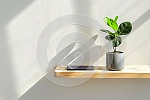 modern minimalist armrest table with a plant and a smartphone