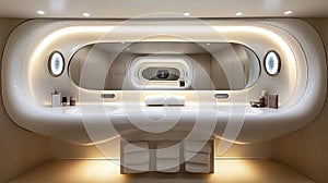 Modern, minimalist bathroom with curved vanity