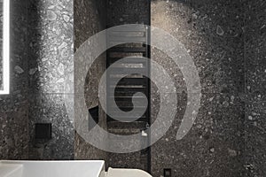 Modern minimalist bathroom dark interior design with dark stone tiles