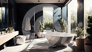 Modern Minimalist Bathroom With Elegant White And Beige Walls. White Basin. Oval Mirror. Bathtub. Shower. Plants. A. Generative AI