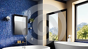 Modern Minimalist Bathroom With Elegant White And Beige Walls. White Basin. Oval Mirror. Bathtub. Shower. Plants. A. Generative AI