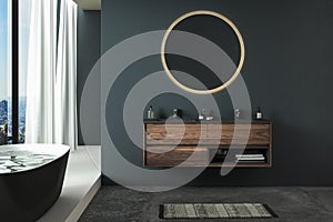 Modern minimalist bathroom interior, modern bathroom cabinet, double sink,