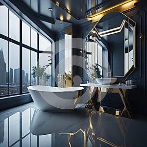 Modern Minimalist Bathroom Interior Design, Decorative Metal Futuristic Elements Wall, Round Ceramic Bathtub and Sink, Large