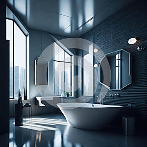 Modern Minimalist Bathroom Interior Design, Decorative Metal Futuristic Elements Wall, Round Ceramic Bathtub and Sink, Large