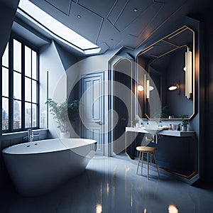 Modern Minimalist Bathroom Interior Design, Decorative Metal Futuristic Elements Wall, Round Ceramic Bathtub and Sink, Large