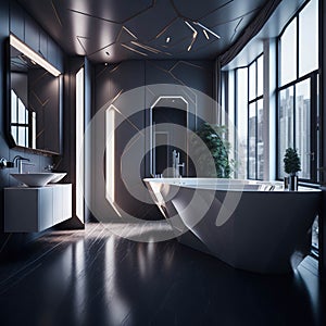 Modern Minimalist Bathroom Interior Design, Decorative Metal Futuristic Elements Wall, Round Ceramic Bathtub and Sink, Large