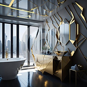 Modern Minimalist Bathroom Interior Design, Decorative Metal Futuristic Elements Wall, Round Ceramic Bathtub and Sink, Large