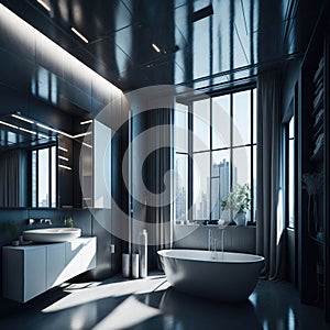 Modern Minimalist Bathroom Interior Design, Decorative Metal Futuristic Elements Wall, Round Ceramic Bathtub and Sink, Large