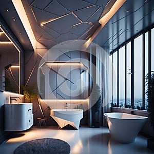 Modern Minimalist Bathroom Interior Design, Decorative Metal Futuristic Elements Wall, Round Ceramic Bathtub and Sink, Large