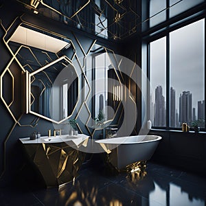 Modern Minimalist Bathroom Interior Design, Decorative Metal Futuristic Elements Wall, Round Ceramic Bathtub and Sink, Large