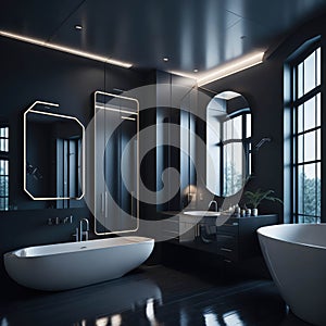 Modern Minimalist Bathroom Interior Design, Decorative Metal Futuristic Elements Wall, Round Ceramic Bathtub and Sink, Large