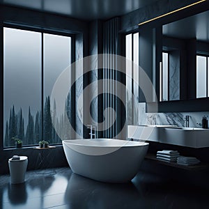 Modern Minimalist Bathroom Interior Design, Decorative Stone Marble Wall, Round Ceramic Bathtub and Sink, Large Mirror With Warm