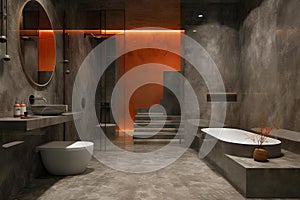 Modern minimalist bathroom interior with elegant fixtures. cozy luxury home design, warm lighting. stylish and spacious