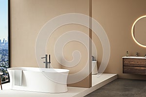 Modern minimalist bathroom interior, modern bathroom cabinet, sink, oval mirror,