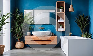 Modern minimalist bathroom interior, modern bathroom cabinet, white sink, wooden vanity