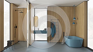Modern minimalist bathroom with wooden walls in blue tones, freestanding bathtub, washbasin with mirror and accessories, shower,