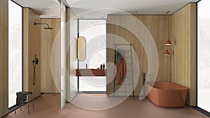 Modern minimalist bathroom with wooden walls in orange tones, freestanding bathtub, washbasin with mirror, accessories, shower,