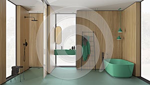 Modern minimalist bathroom with wooden walls in turquoise tones, freestanding bathtub, washbasin with mirror, accessories, shower