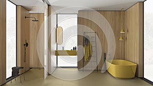 Modern minimalist bathroom with wooden walls in yellow tones, freestanding bathtub, washbasin with mirror, accessories, shower,