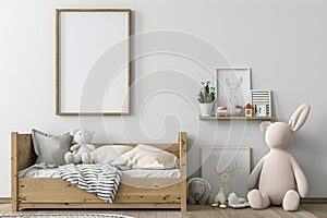 Modern Minimalist Bedroom Interior with Blank Frame Poster