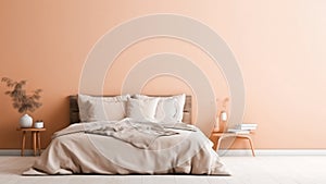 Modern minimalist bedroom interior design with soft peach fuzz color empty wall. Modern trendy tone hue shade