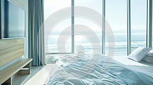 Modern minimalist bedroom overlooking sea, equipped for restorative sleep therapy