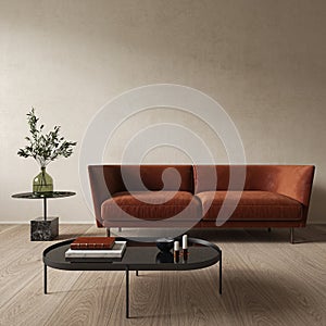 Modern minimalist beige interior with orange sofa and coffee table.