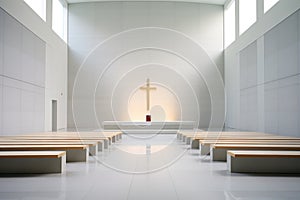 a modern minimalist church interior with unadorned benches