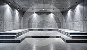Modern Minimalist Concrete Stage with Spotlight Illumination and Tiered Platform