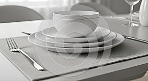 Modern Minimalist Dining Table Setting with White Dinnerware