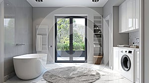 Modern minimalist eco-style bathroom interior. Light grey walls, freestanding bath, surface-mounted sink, built-in