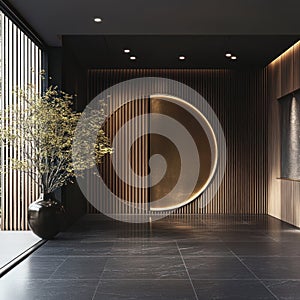 Modern Luxury Entrance Hall with Circular Accent Wall and Natural Light