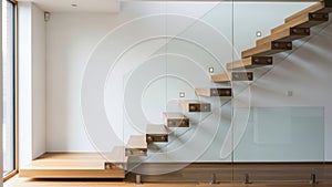Modern minimalist floating staircase with glass railing in contemporary interior