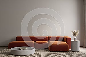 Modern minimalist gray, beige interior with orange sofa, carpet and decor.