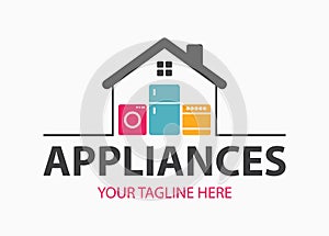 Modern minimalist home appliance store logo. Refrigerator stove and washing machine icon