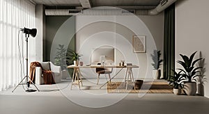 Modern minimalist home office with natural light, plants, and creative studio lighting setup