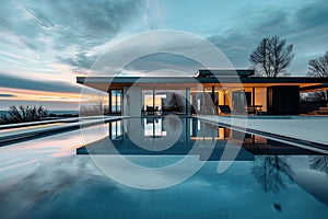 Modern minimalist house with infinity pool at sunrise. Architectural photography with scenic view and reflection. Luxury