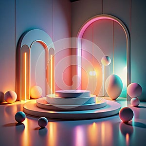 Modern, minimalist, illuminated display podium with archways and spheres photo