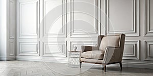 Modern minimalist interior with an armchair on empty white wall background. 3D rendering photo