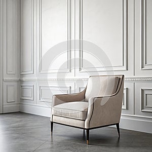 Modern minimalist interior with an armchair on empty white wall background. 3D rendering photo