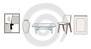 Modern minimalist interior design elements arranged on a seamless white background.