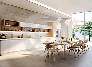 Modern minimalist interior design of luxury kitchen, dining table and chairs. Created with generative AI